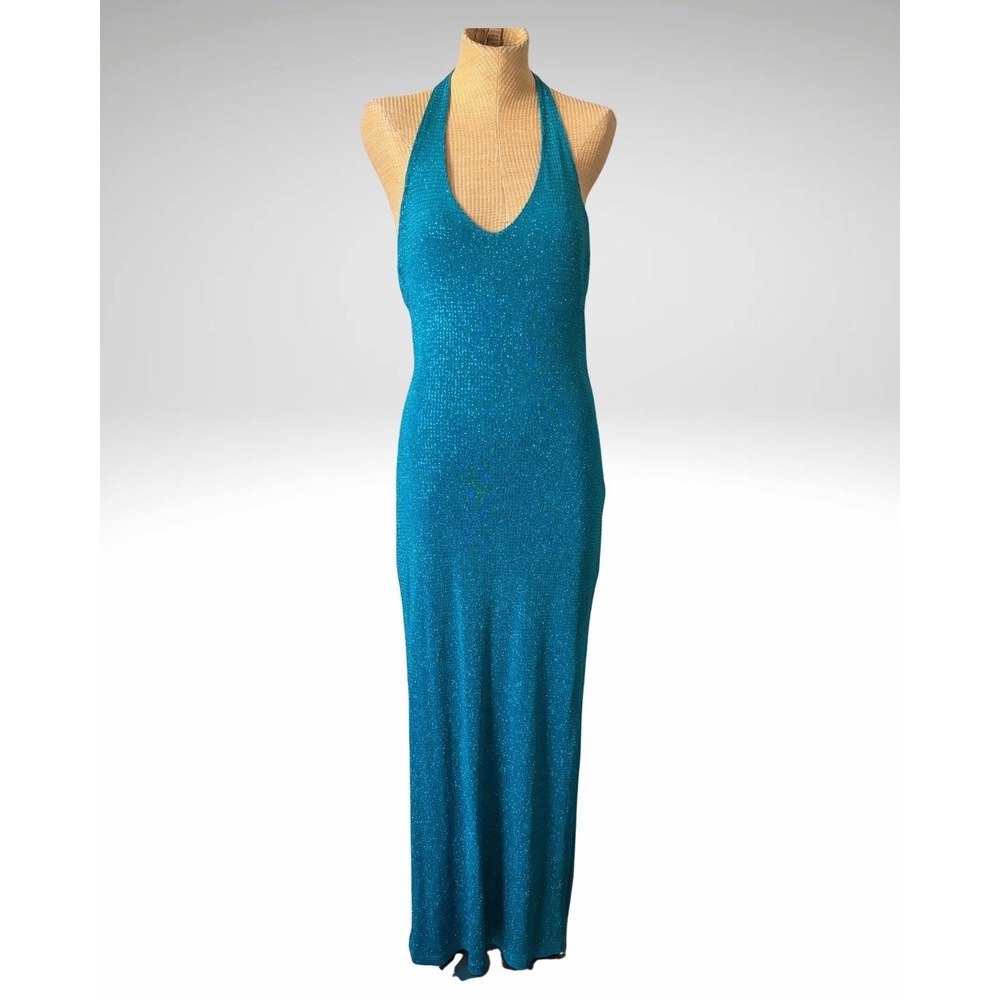VTG 90s Charlotte Russe Dress Teal Blue Sparkly Slinky Long Formal Halter MED